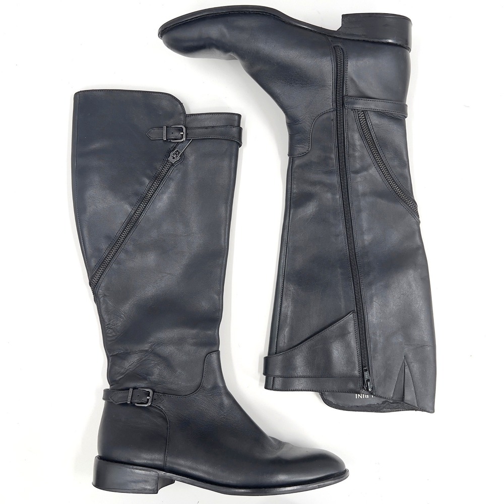 Gianni Bini Womens Tall Riding Boot Black‎ Leather Side Zip Block Heel 8.5M